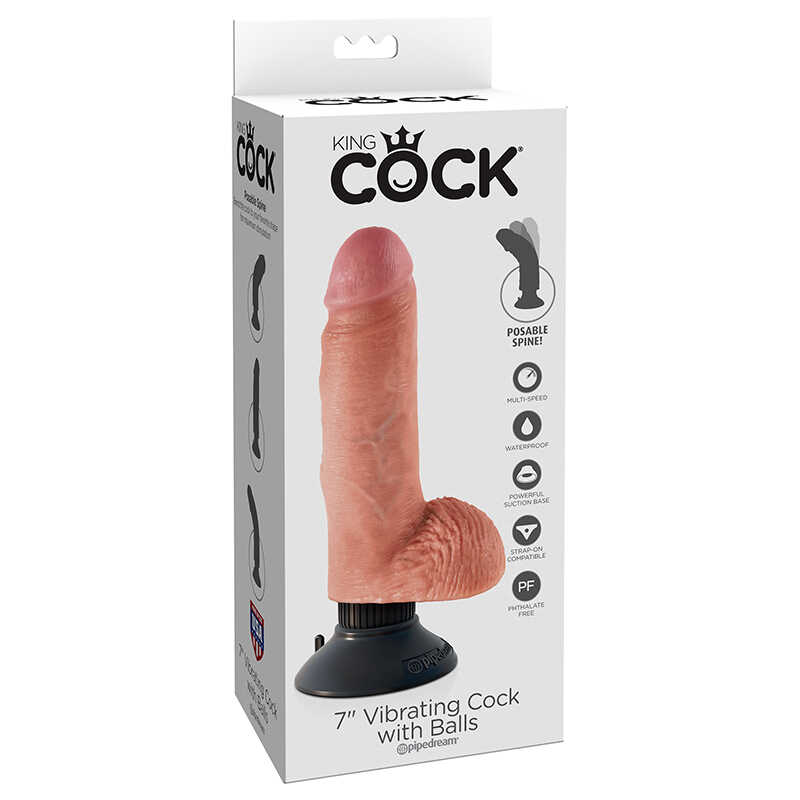 King Cock    7inch Vibrating Cock With Balls Flesh